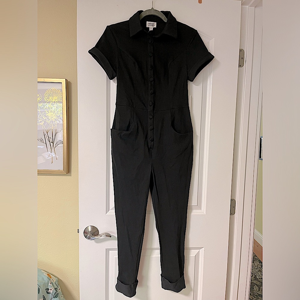 Black stretchy jean button up jumpsuit